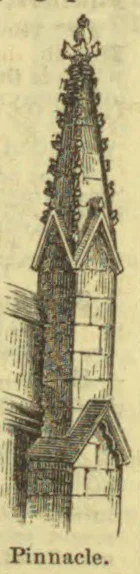 An illustration of a tall Gothic pinnacle with a pointed, ornamented spire rising above a masonry tower.