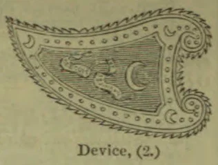 An ornate, paisley-shaped device with a patterned border and decorative motifs inside.