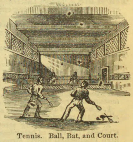Two players stand on a tennis court, with a ball and bat shown in the foreground.