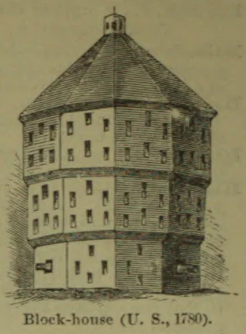 A drawing of a tall, multi-story blockhouse with a steep pyramidal roof and small windows.