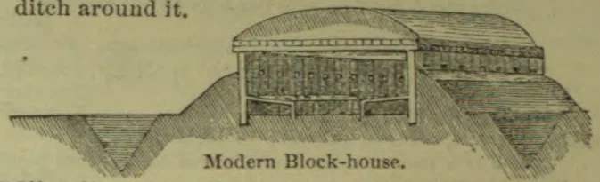 A blockhouse stands behind a surrounding ditch and earthen embankments.
