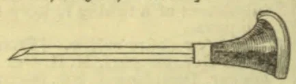 A long, slender instrument with a pointed tip at one end and a broad flared, rimmed end at the other.