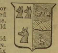 A heraldic shield divided into two sections, with three bird-like figures on the left and three waterfowl on the right above patterned bands.