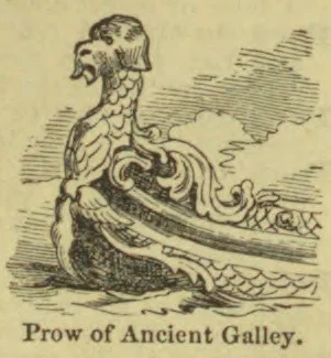 An ornate carving of a serpent-like figure decorates the prow of an ancient galley.