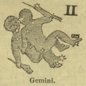Two intertwined figures represent the zodiac sign Gemini.