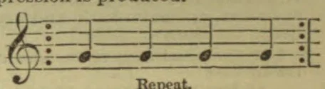 A short musical staff showing a treble clef, four notes, and repeat signs at both ends.
