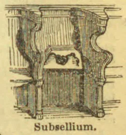 An engraved illustration of an ornate wooden choir stall with a carved seat and high back.