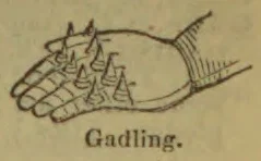 A drawing of a hand with several small pointed objects attached to its fingers.