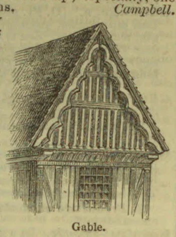 An architectural drawing of a steeply pitched gable with ornate timber tracery above a small window.