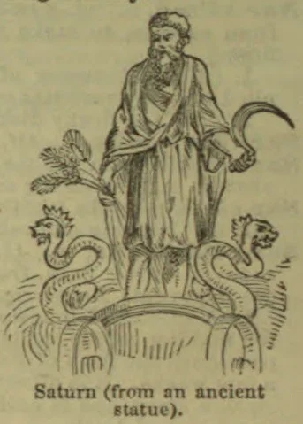 An ancient statue of Saturn stands holding a curved blade, with two serpents coiled around his feet.