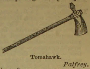 An ornate tomahawk with a long decorated handle and a broad, curved blade.