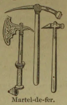 The illustration depicts three medieval war hammers, including one with a decorative crescent-shaped head.
