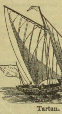 A drawing of a tartan, a small sailing vessel with a single large sail.