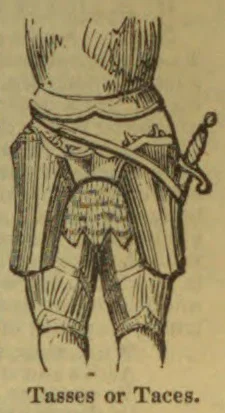 An illustration of armored waist and thigh plates with a sword at the wearer’s side.