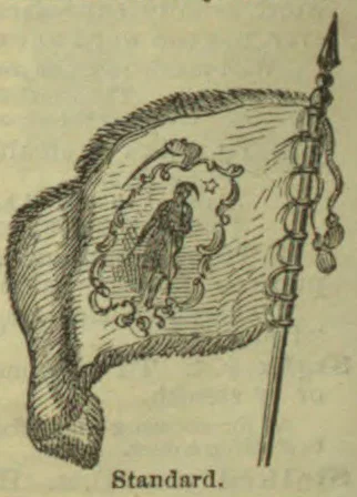 A heraldic flag bearing an eagle emblem is attached to a tall spear-tipped pole.