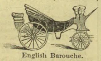 An English barouche carriage with a covered passenger compartment, large rear wheels, and a driver seated at the front.