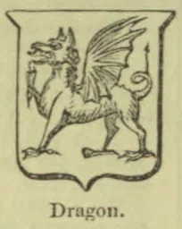 A winged dragon with a curled tail stands within a decorative border.