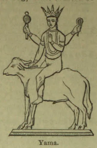 A crowned, four-armed figure rides a buffalo while holding objects in his hands.