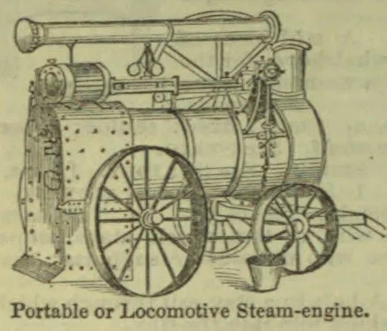 An engraved illustration of a portable or locomotive steam engine with large spoked wheels.