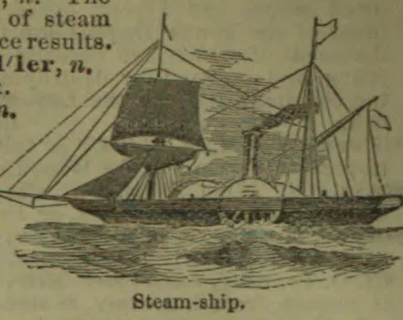 An old-fashioned steamship with sails and tall masts travels across the water.