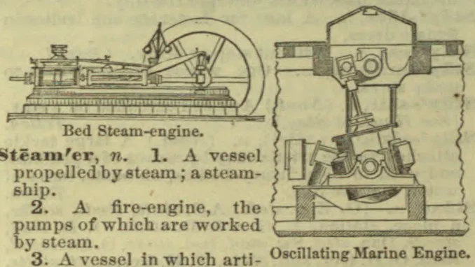 The illustration shows a bed steam engine and an oscillating marine engine.