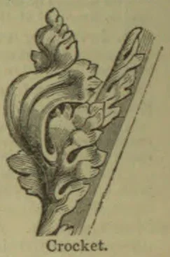 An ornamental carved architectural crocket with curling leaves and a bud.