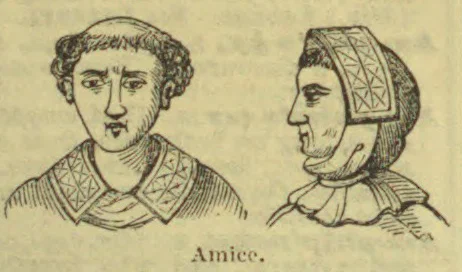 A front and side view of a person wearing an ornate ecclesiastical headdress and vestment.