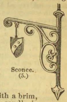 An ornate wall-mounted sconce with a hanging shield-shaped ornament.
