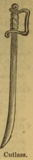 A curved cutlass with a guarded hilt is shown vertically.