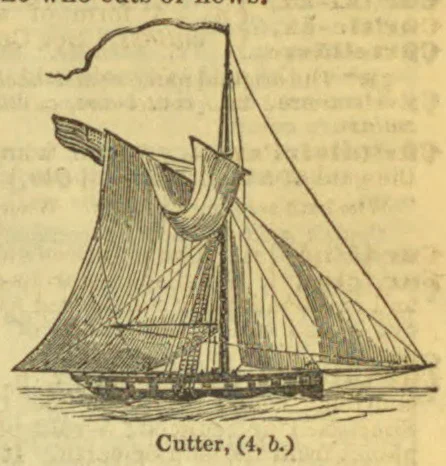 A drawing of a cutter sailboat with its sails raised.