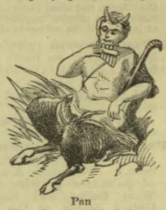 A drawing of Pan, depicted as a horned, goat-legged figure playing a panpipe while seated among grasses.