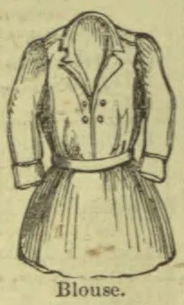 A drawing of a buttoned blouse with a gathered skirt-like lower portion.