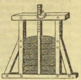 A screw press with a central vertical screw and braced frame presses down on a stack of material.