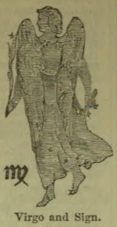A winged maiden representing Virgo stands beside the Virgo zodiac symbol.