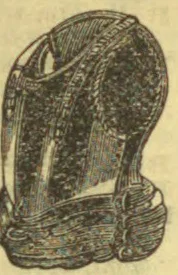 An antique saddle is shown in side view, with a tall curved body and layered lower fittings.