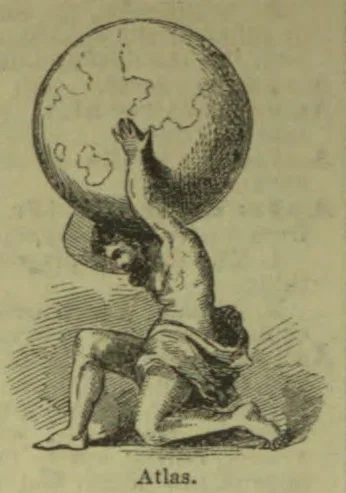 A kneeling Atlas supports a large globe on his shoulders.