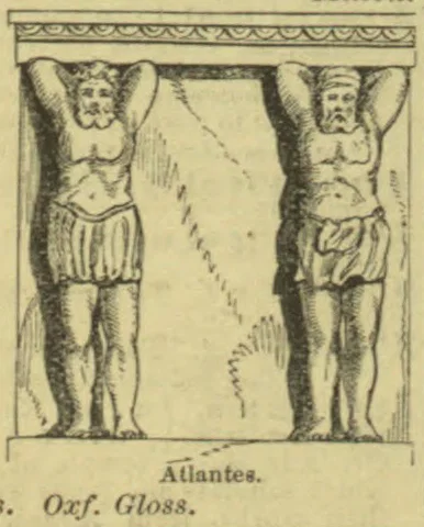Two muscular male figures in draped garments support an architectural beam above them.