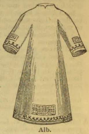 A long ecclesiastical alb with decorated cuffs and a patterned band near the hem.
