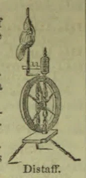 An illustration of a distaff and its supporting spinning-wheel apparatus.