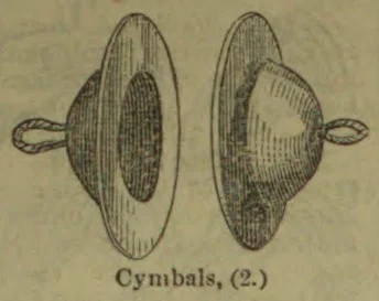 Two hand cymbals are shown from opposite sides, with their handles extending outward.