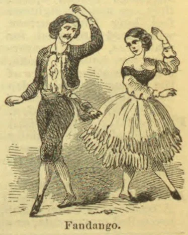 A man and a woman dance the fandango, each raising one arm as the woman’s skirt flares around her.
