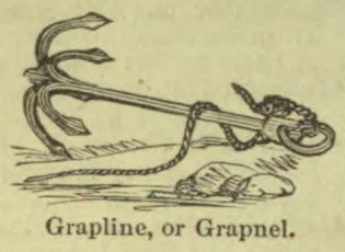 A grapnel with a rope attached lies on the ground.
