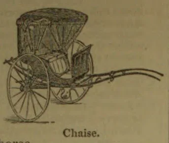 A two-wheeled horse-drawn chaise with a covered passenger compartment and long shafts.