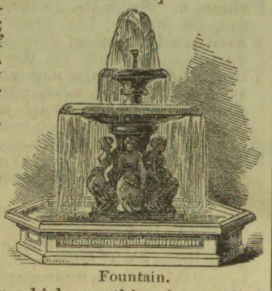 An engraved illustration of a tiered fountain with sculpted figures and water flowing into a broad basin.