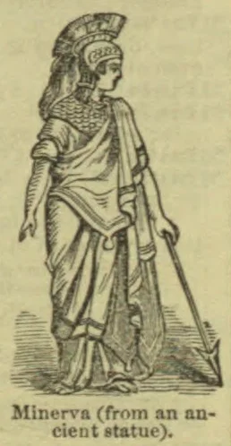 A standing figure of Minerva, wearing a helmet and holding a spear and shield.