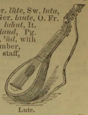 A drawing of a lute, with a rounded body, strings, and a long neck.