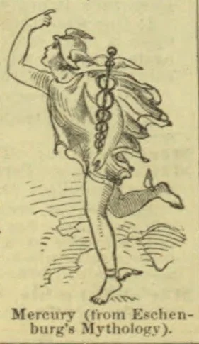 An illustration of Mercury, wearing a winged hat and sandals and holding a caduceus.