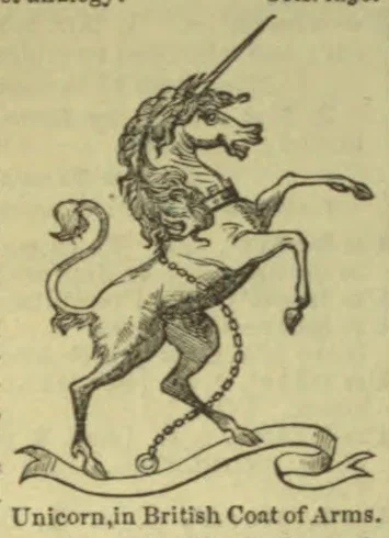 A unicorn rears while chained above a decorative banner.