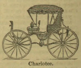 A four-wheeled horse-drawn carriage with a covered passenger seat.