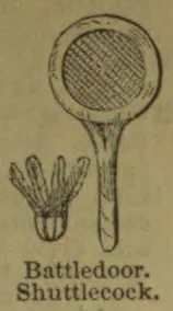 A battledore racket and a shuttlecock are shown.